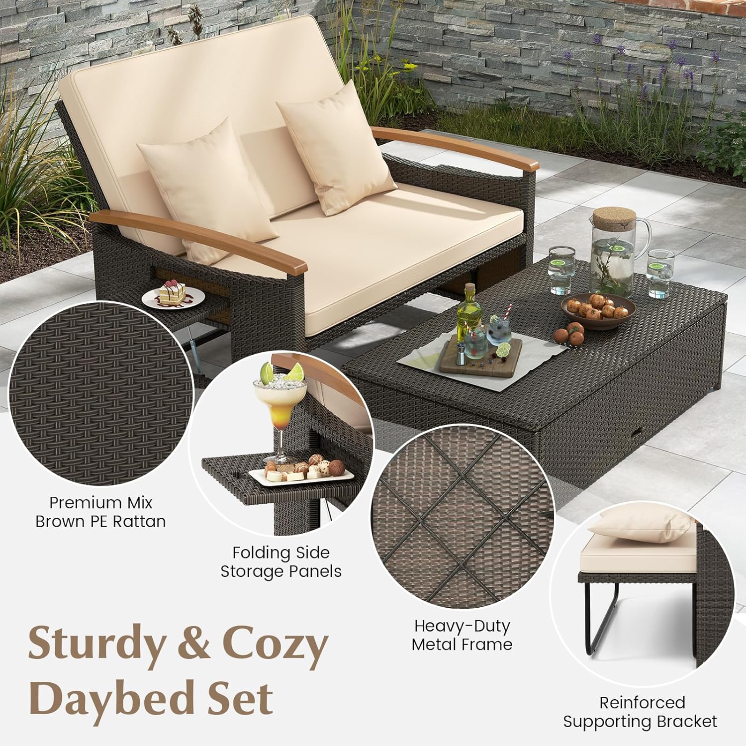 Outdoor Rattan Daybed Sun Lounger Storage Beige