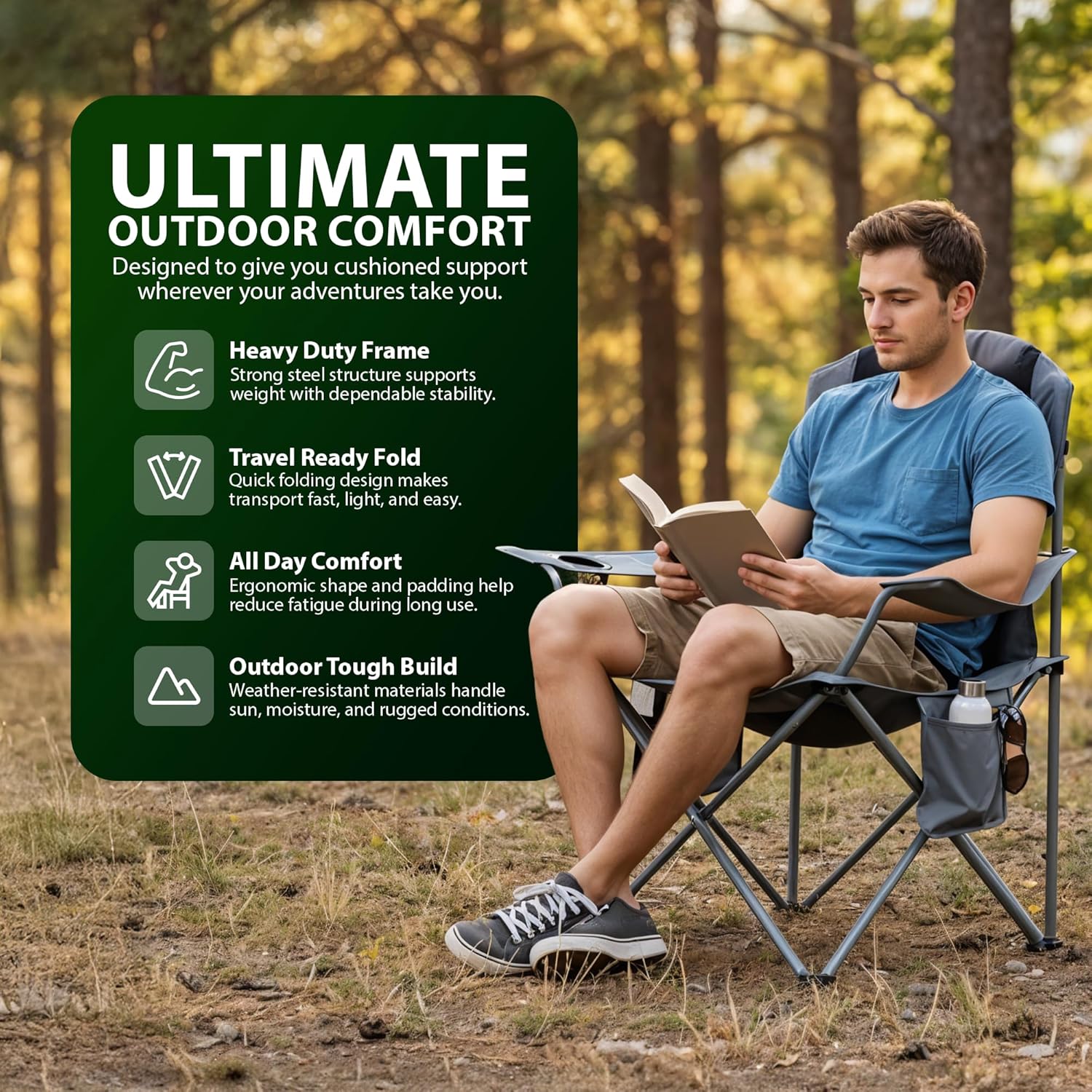 Set of 2 Camping Chairs Padded Steel Frame Black