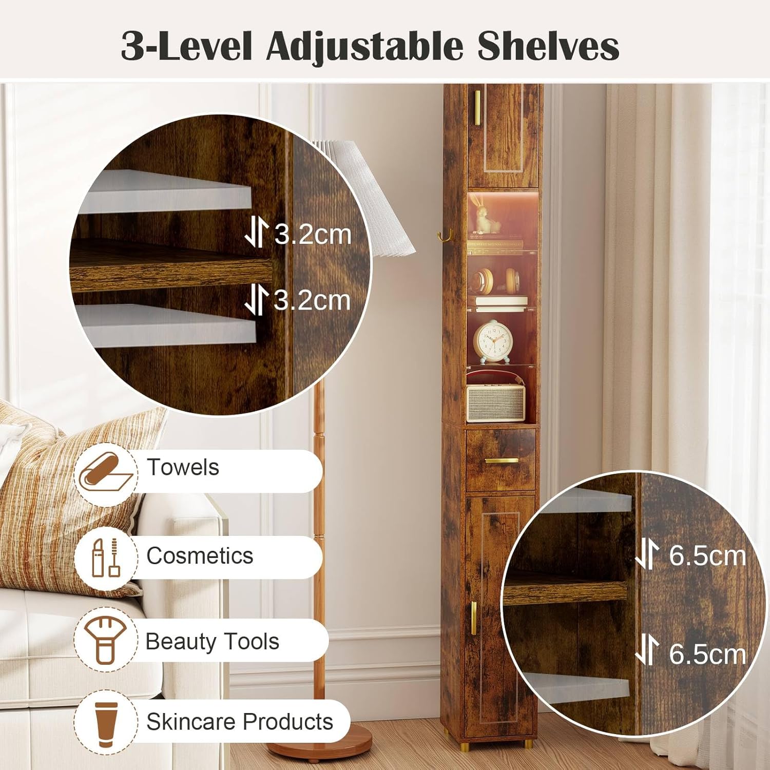 Tall Slim Storage Cabinet Rustic Brown LED Shelf Hook Unit