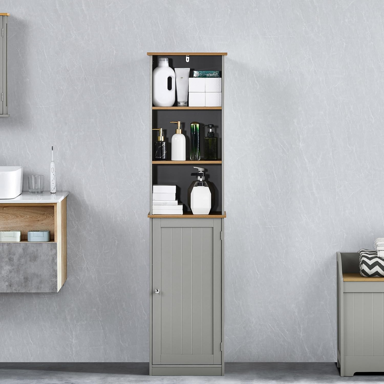Grey Oak Tall Bathroom Cabinet Floor Standing Storage Unit