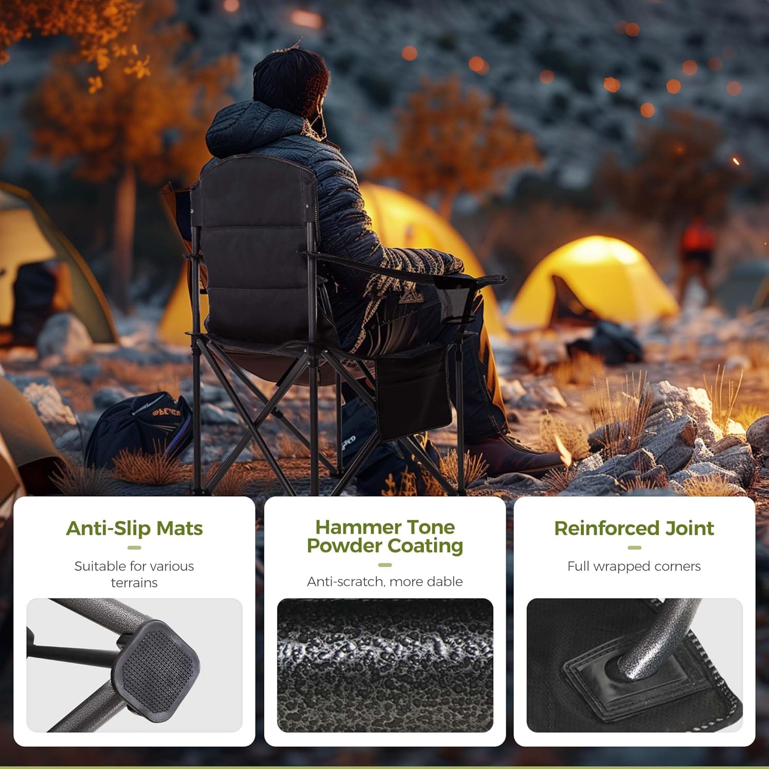 Set of 2 Heavy Duty Folding Camping Chairs 200kg Cooler Green