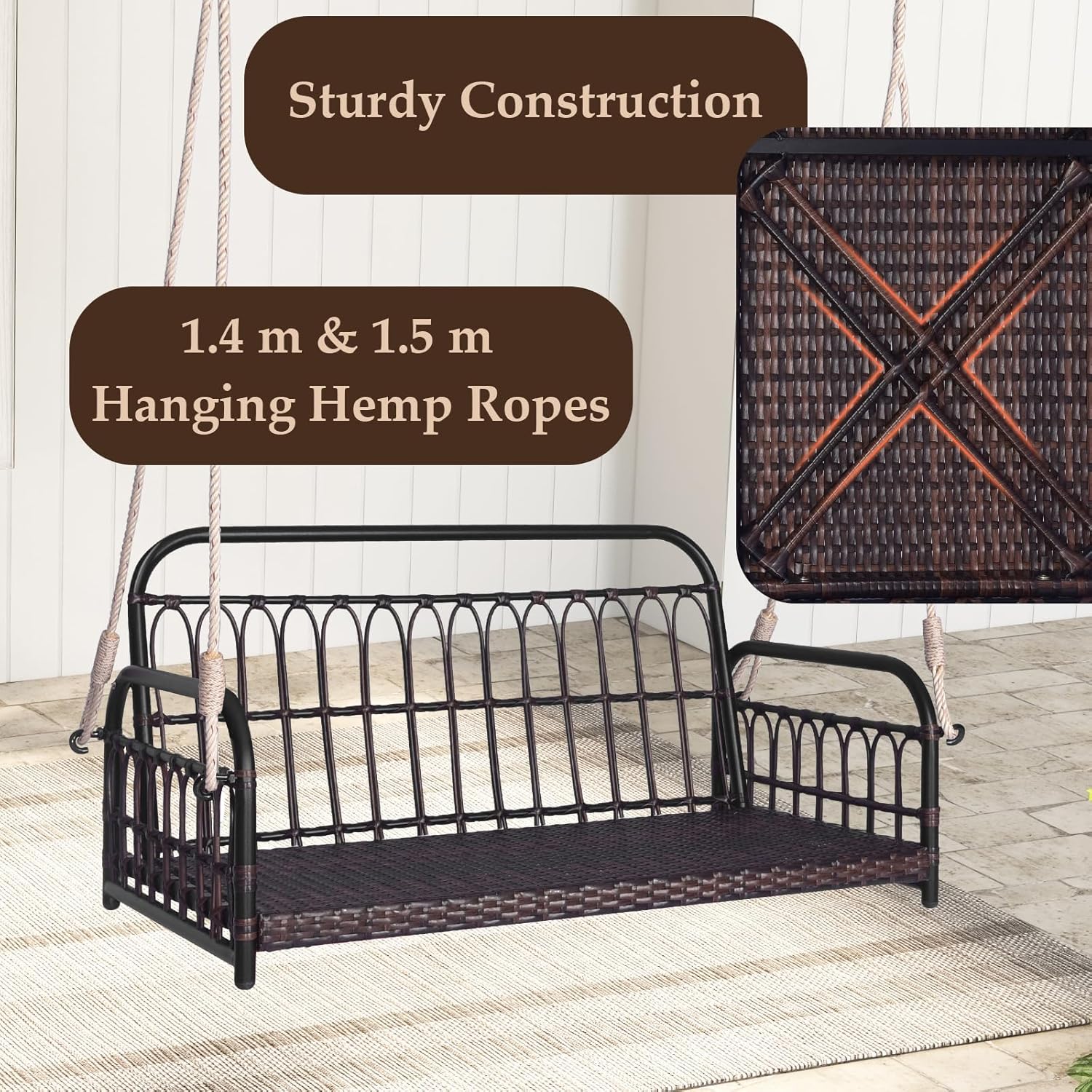 2 Seater Rattan Hanging Swing Bench Cushion Pillows