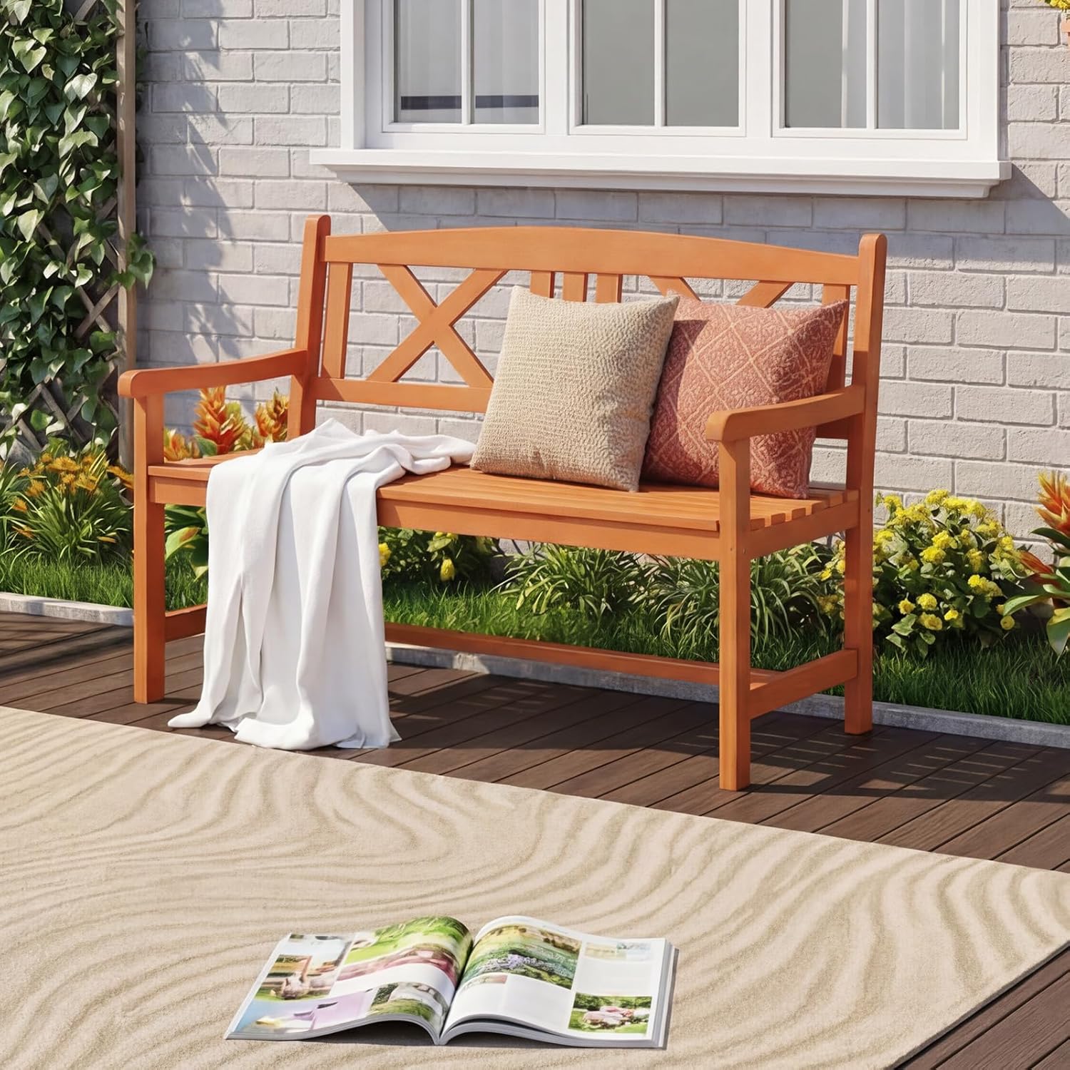 2 Seater Wooden Garden Bench Patio Seat w/Backrest Armrests