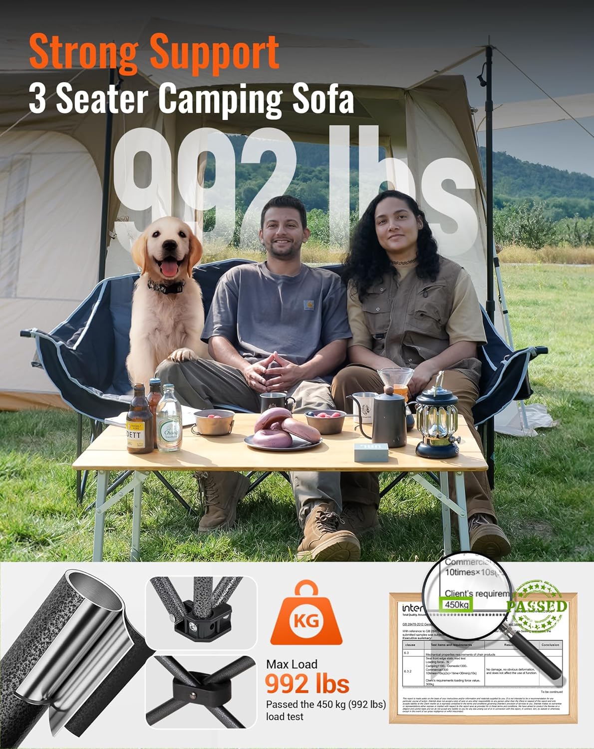 3 Seater Camping Sofa Chair 450KG Black Grey