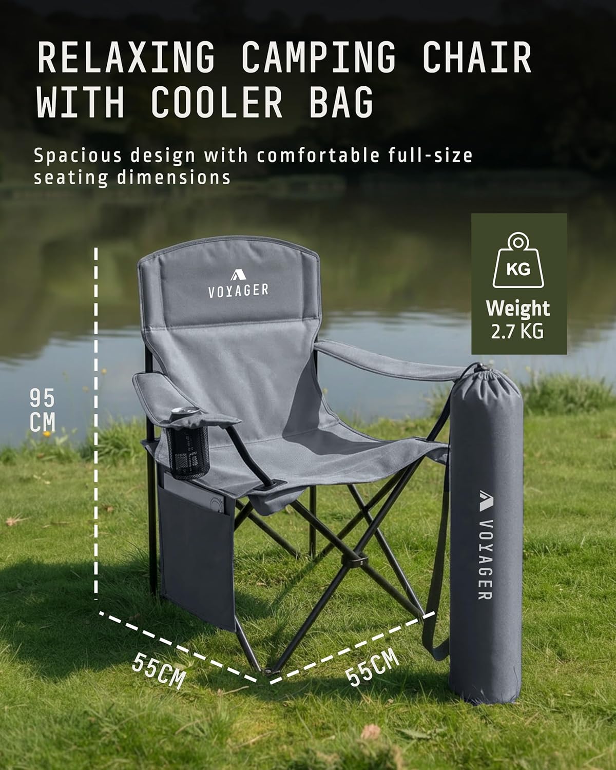 Folding Camping Chair 2 Pack Pocket Cup Holder Dark Grey