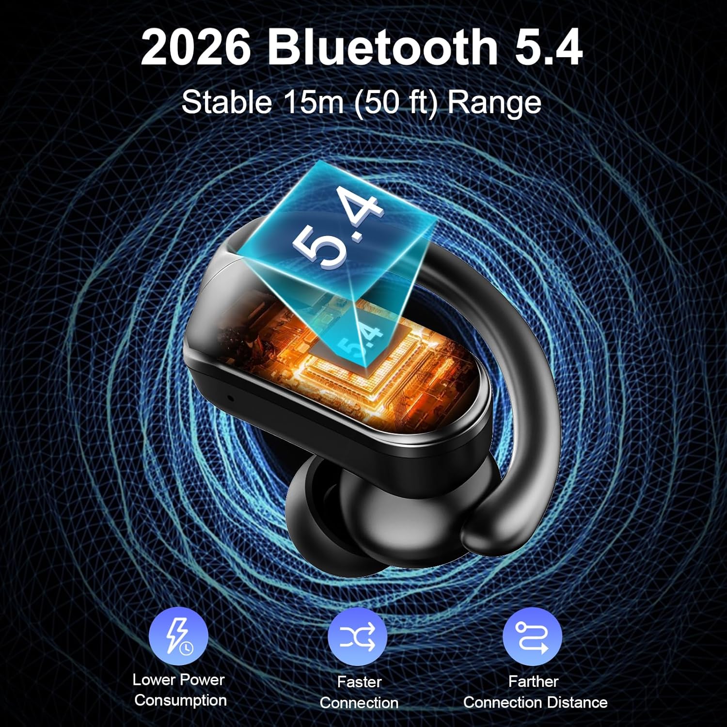 Wireless Sports Earbuds Bluetooth 5.4 70Hr Battery ENC Waterproof Black