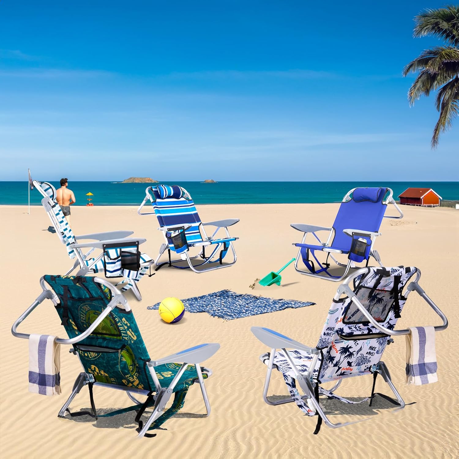 Reclining Beach Chair 5 Position Backpack Foldable Blue