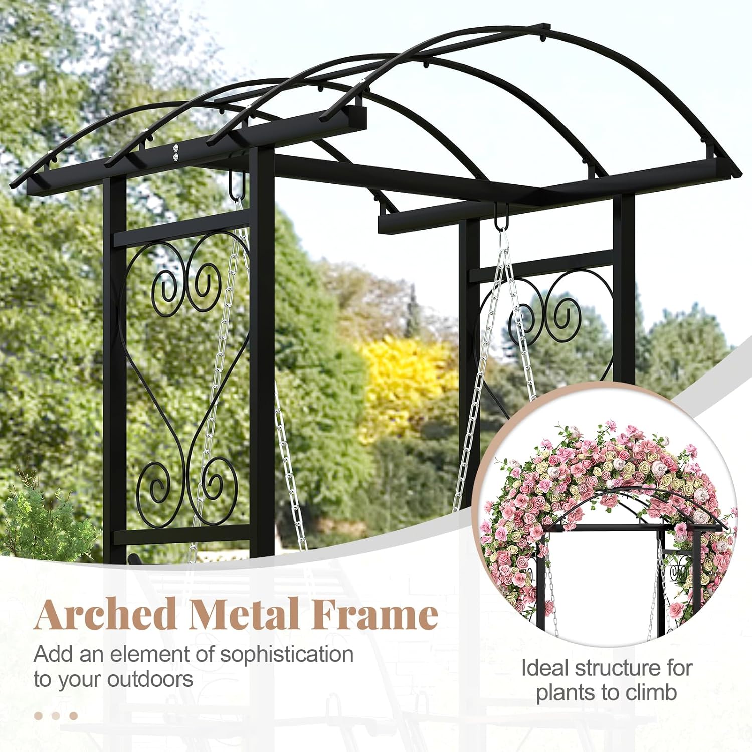 Porch Swing with Stand Canopy Side Tables Beige Black