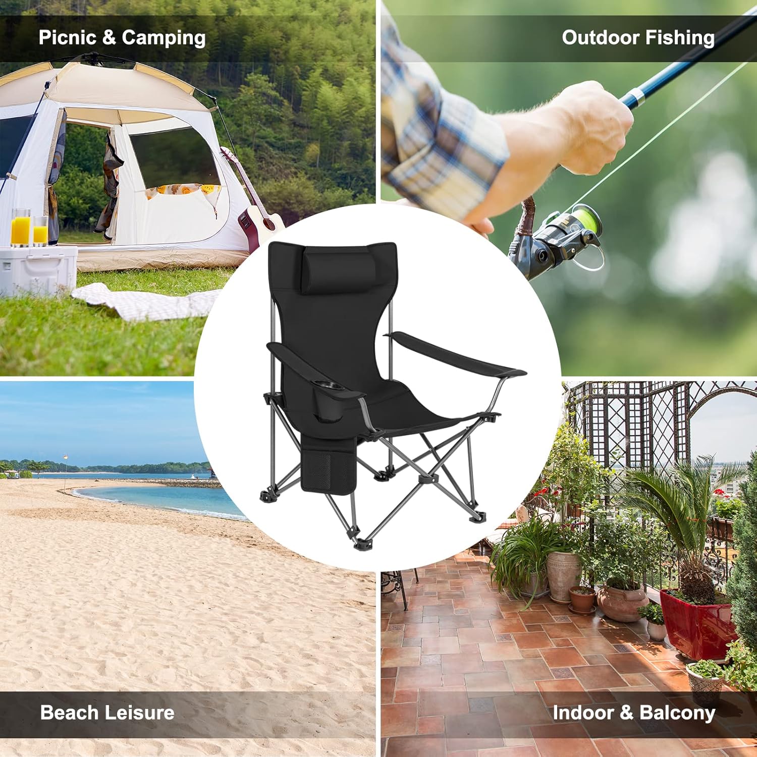 Reclining Camping Chair with Footrest Folding Seat Black