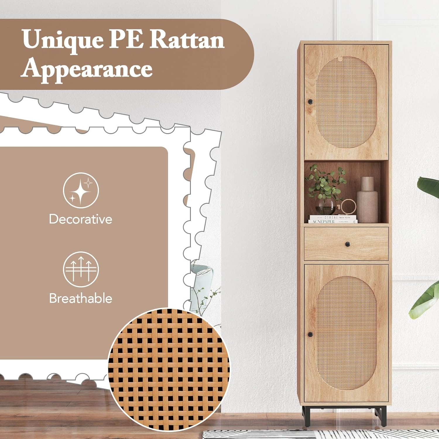 Tall Slim Storage Cabinet Natural Rattan Drawer Door Unit