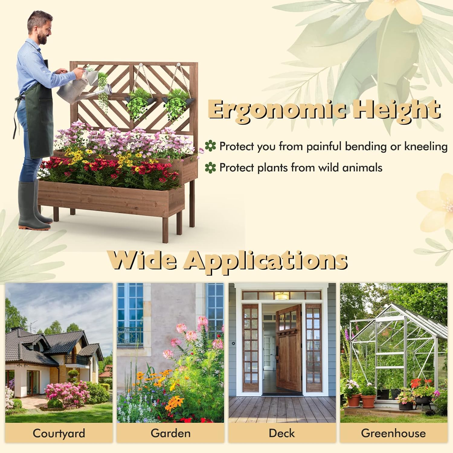 2 Tier Raised Garden Bed with Trellis Wooden Planter 135cm