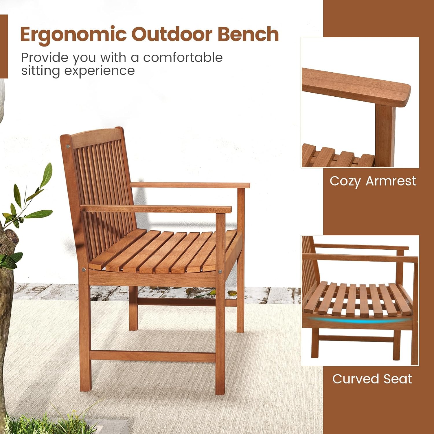 2 Seater Eucalyptus Wood Garden Bench Patio Loveseat Seat