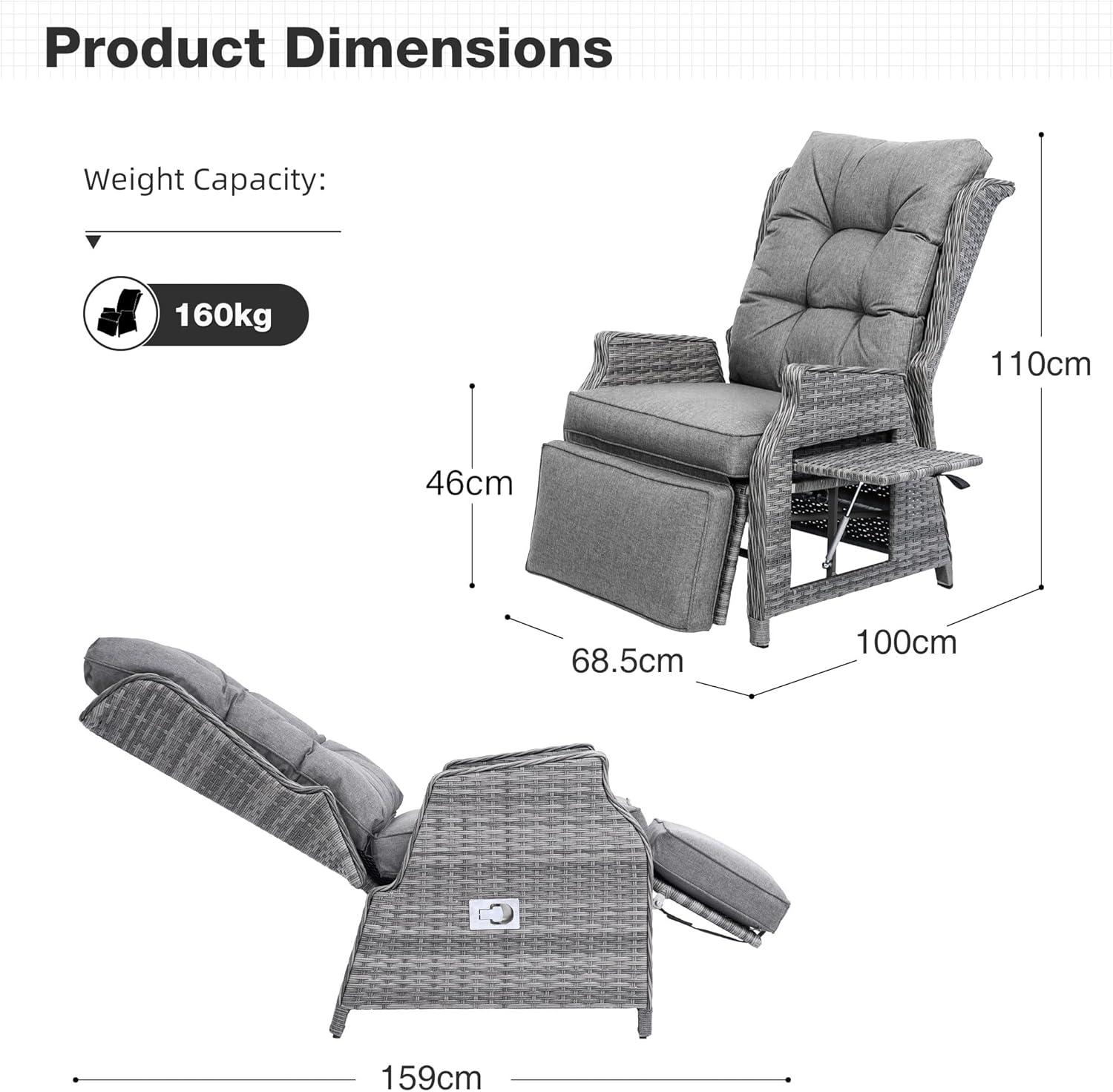 Rattan Reclining Sun Lounger Chair with Cushion Table Grey