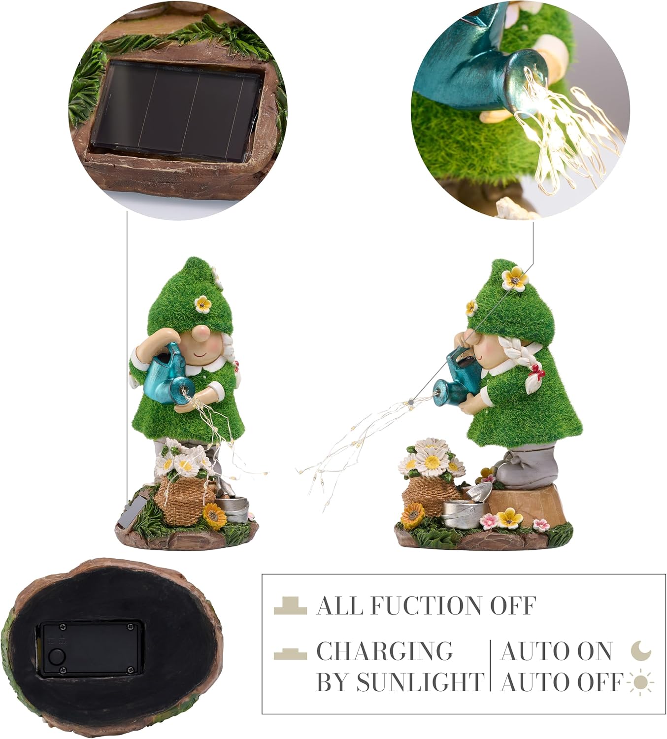 Solar Garden Gnome Watering Statue LED Outdoor Decor Resin