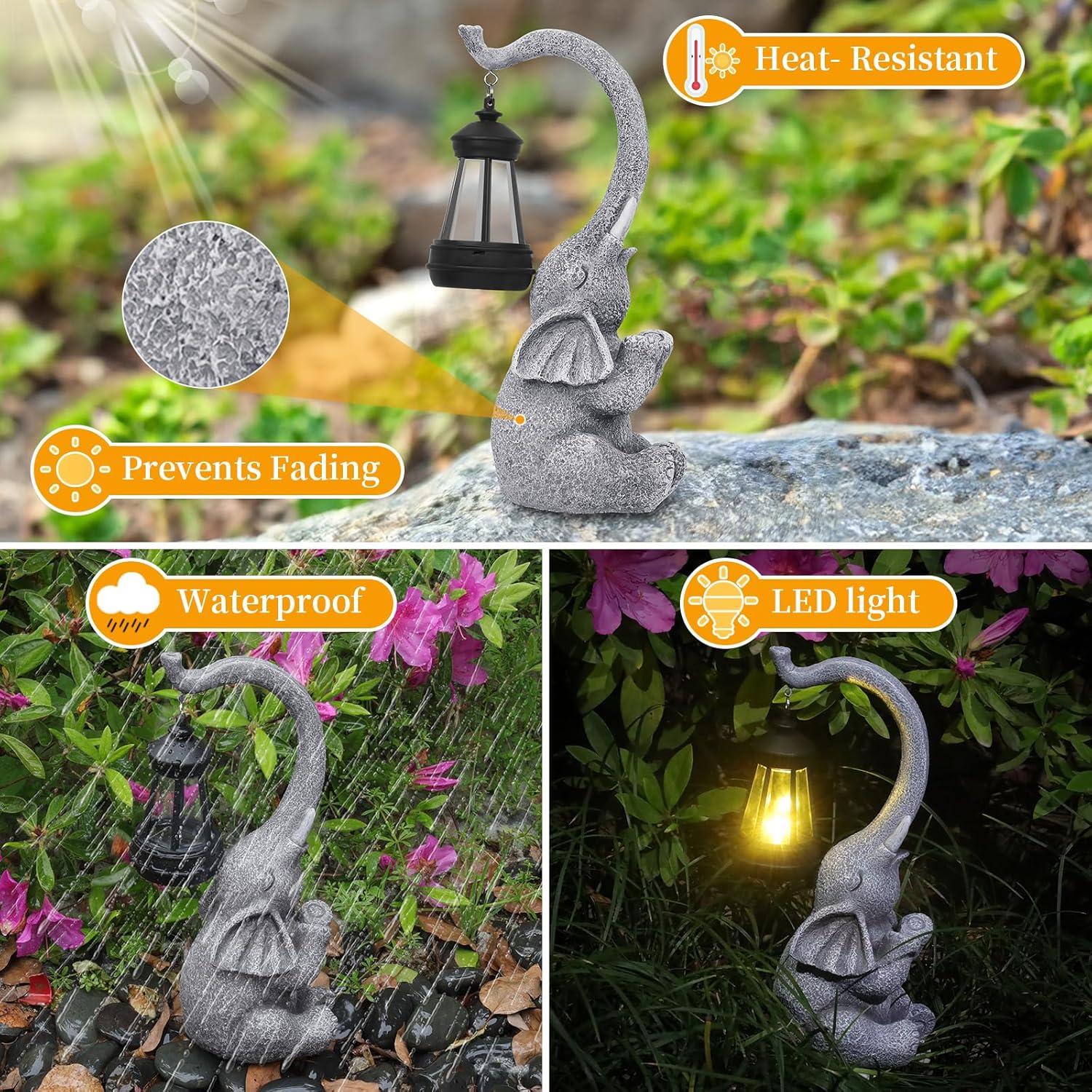 Solar Elephant Garden Statue LED Lantern Outdoor Waterproof Decor