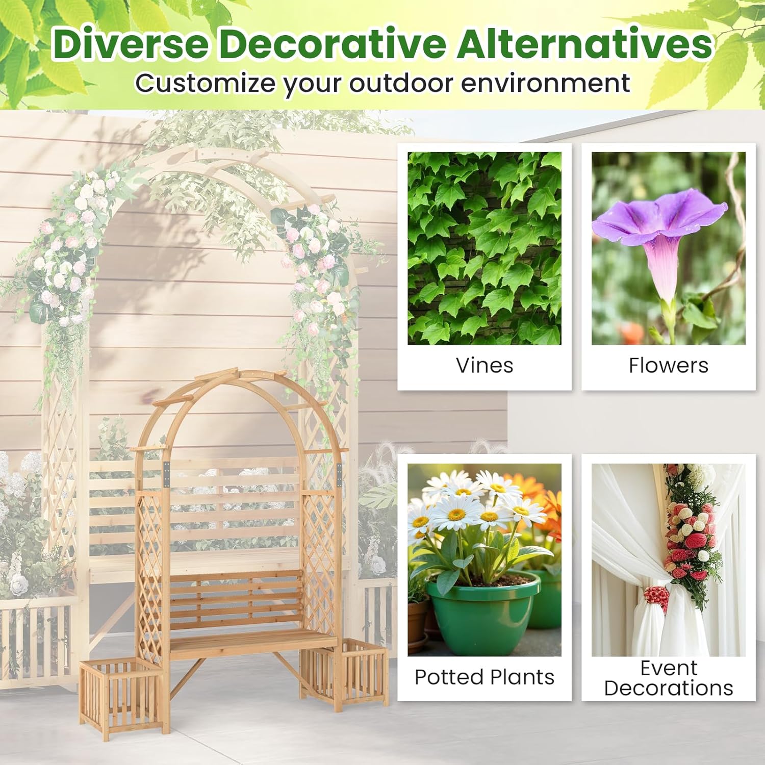 Wooden Garden Arch with Bench & Planters Trellis Pergola Seat