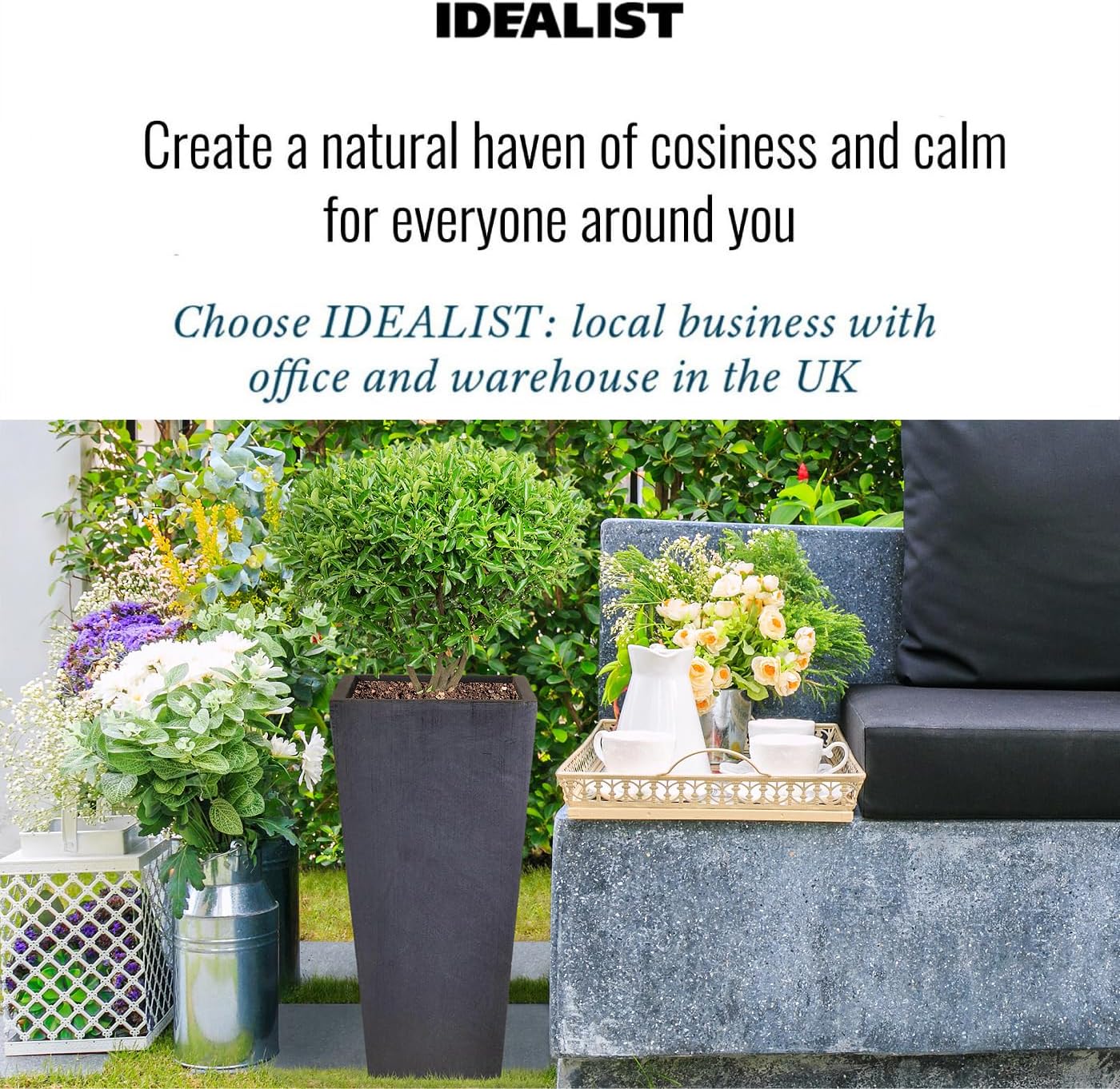 65cm Tall Planter Dark Grey Stone Effect Square Outdoor Pot