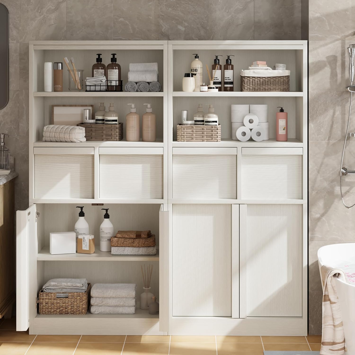 Tall Bathroom Storage Cabinet White 2 Drawers Door Unit