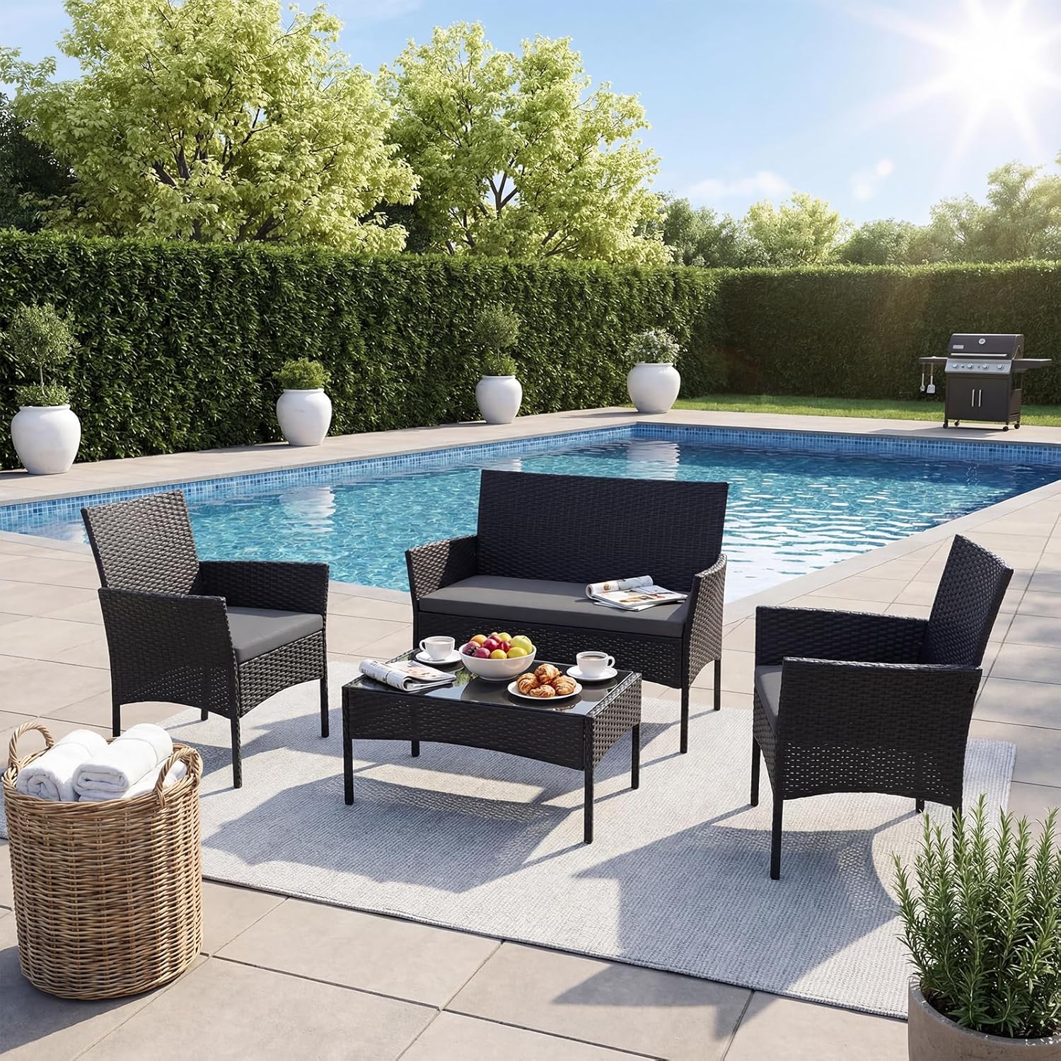 4 Piece Rattan Garden Furniture Set Patio Sofa Chairs Glass Table