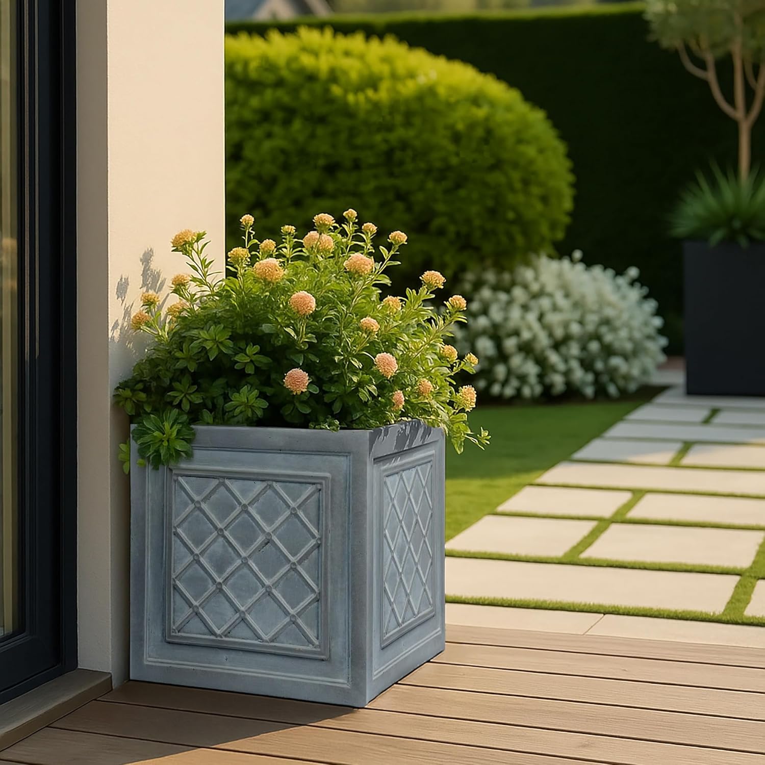 45cm Square Planter Grey Lattice Stone Effect Tree Pot