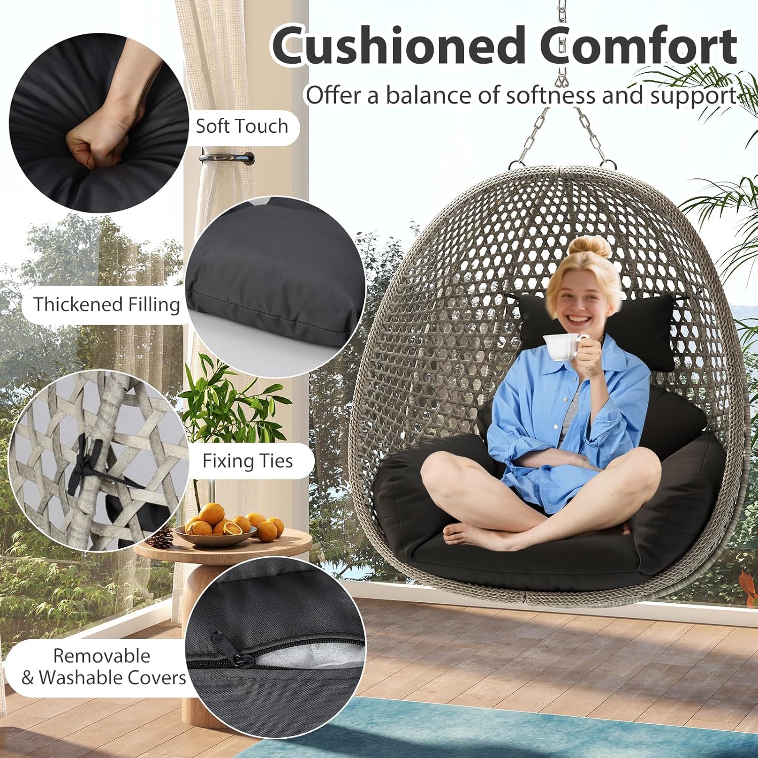 Rattan Swing Egg Chair with Stand Swivel Cushion