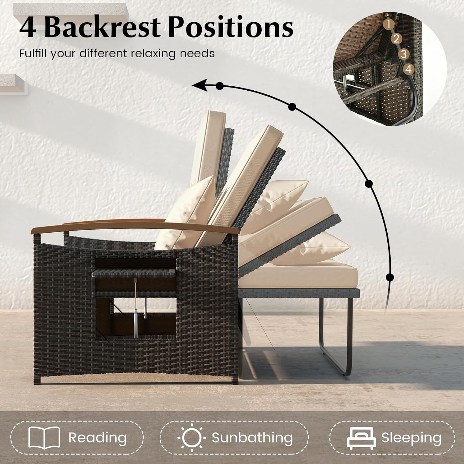 Beige Rattan Daybed Sun Lounger with Storage Ottoman