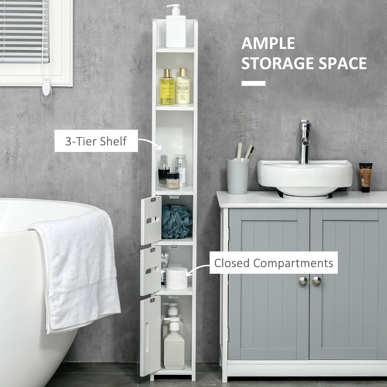 Slim Tall Bathroom Storage Cabinet 3 Doors Open Shelves White