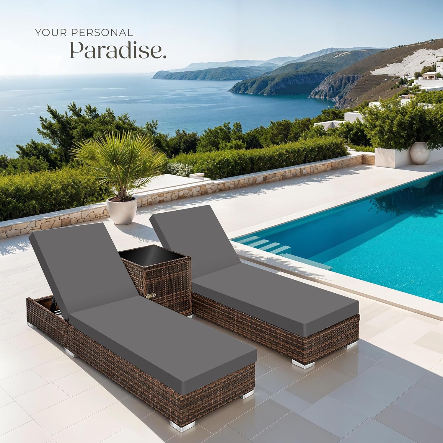 3 Piece Rattan Sun Lounger Set Recliners Table Brown