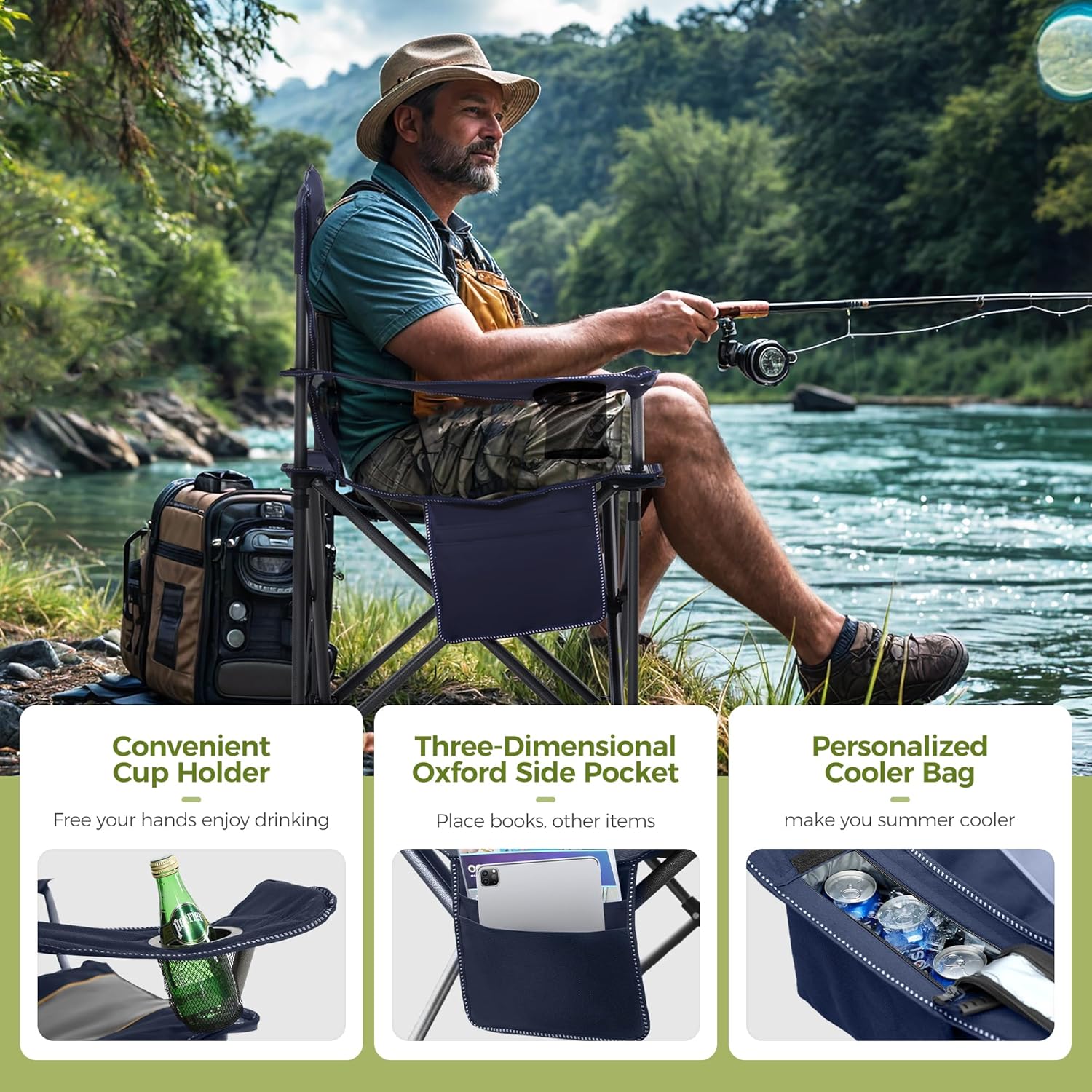 Set of 2 Heavy Duty Folding Camping Chairs 200kg Cooler Cup Holder