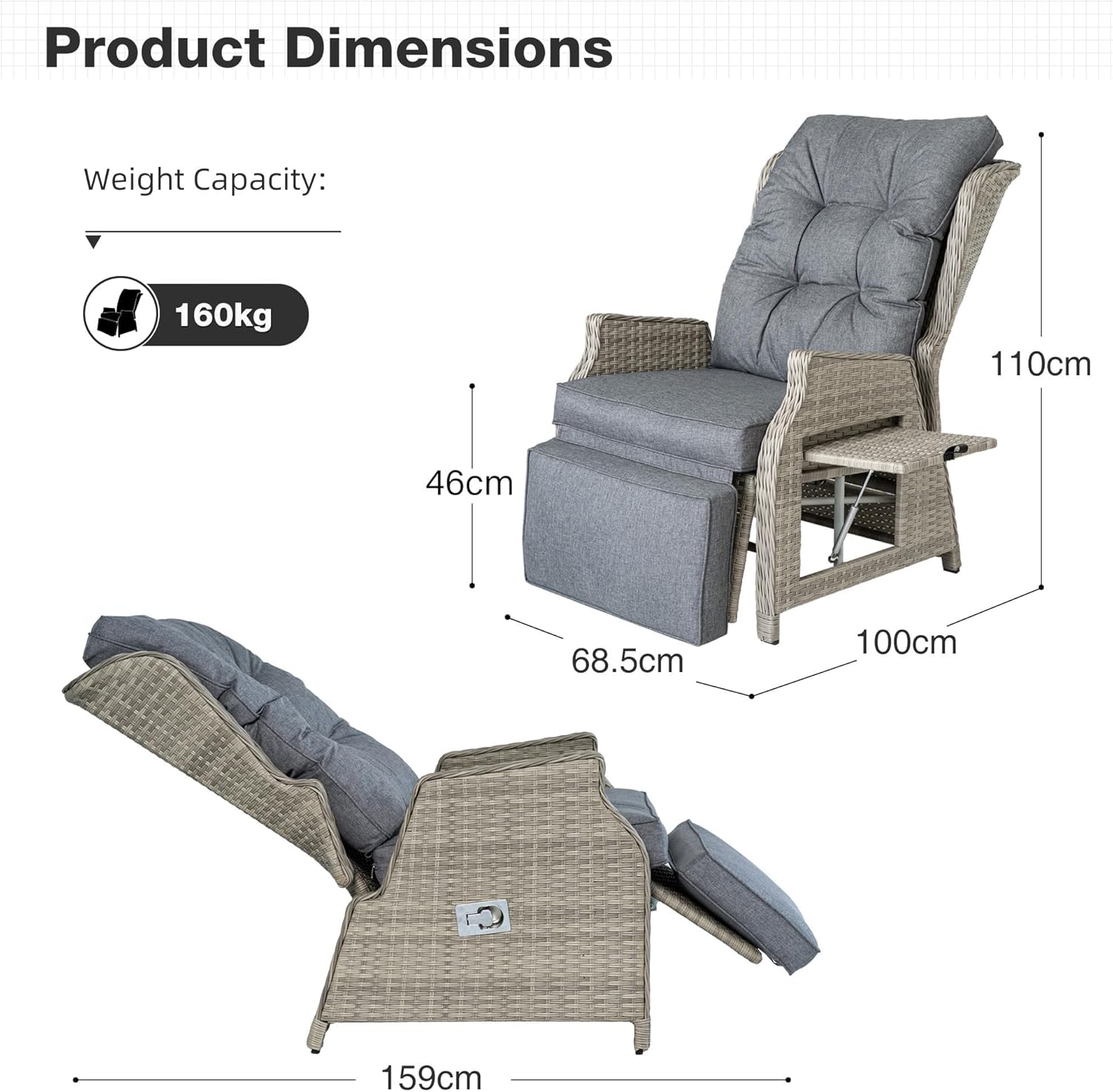 2 Piece Rattan Reclining Garden Lounger Set Grey Beige