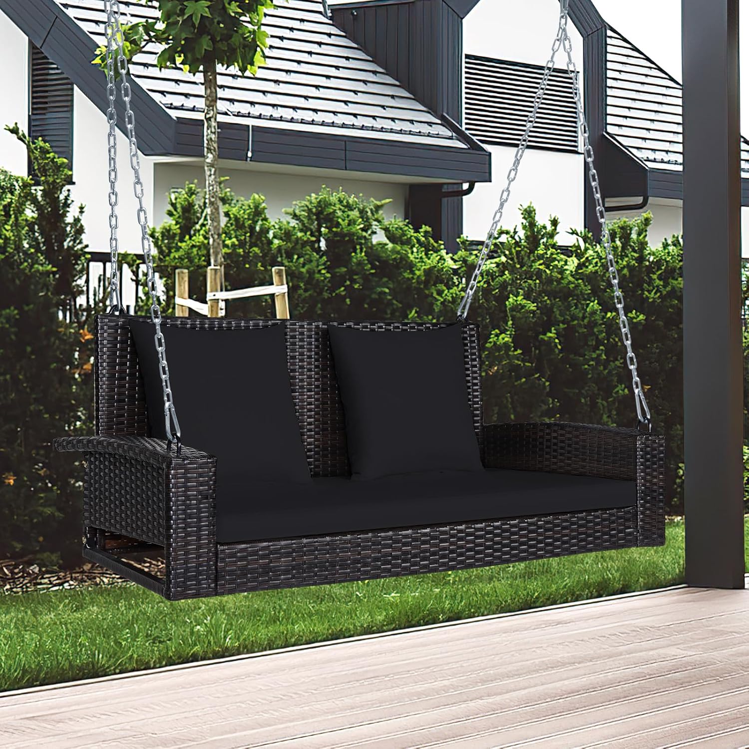 2 Person Rattan Swing Set Black Cushions A Frame Stand