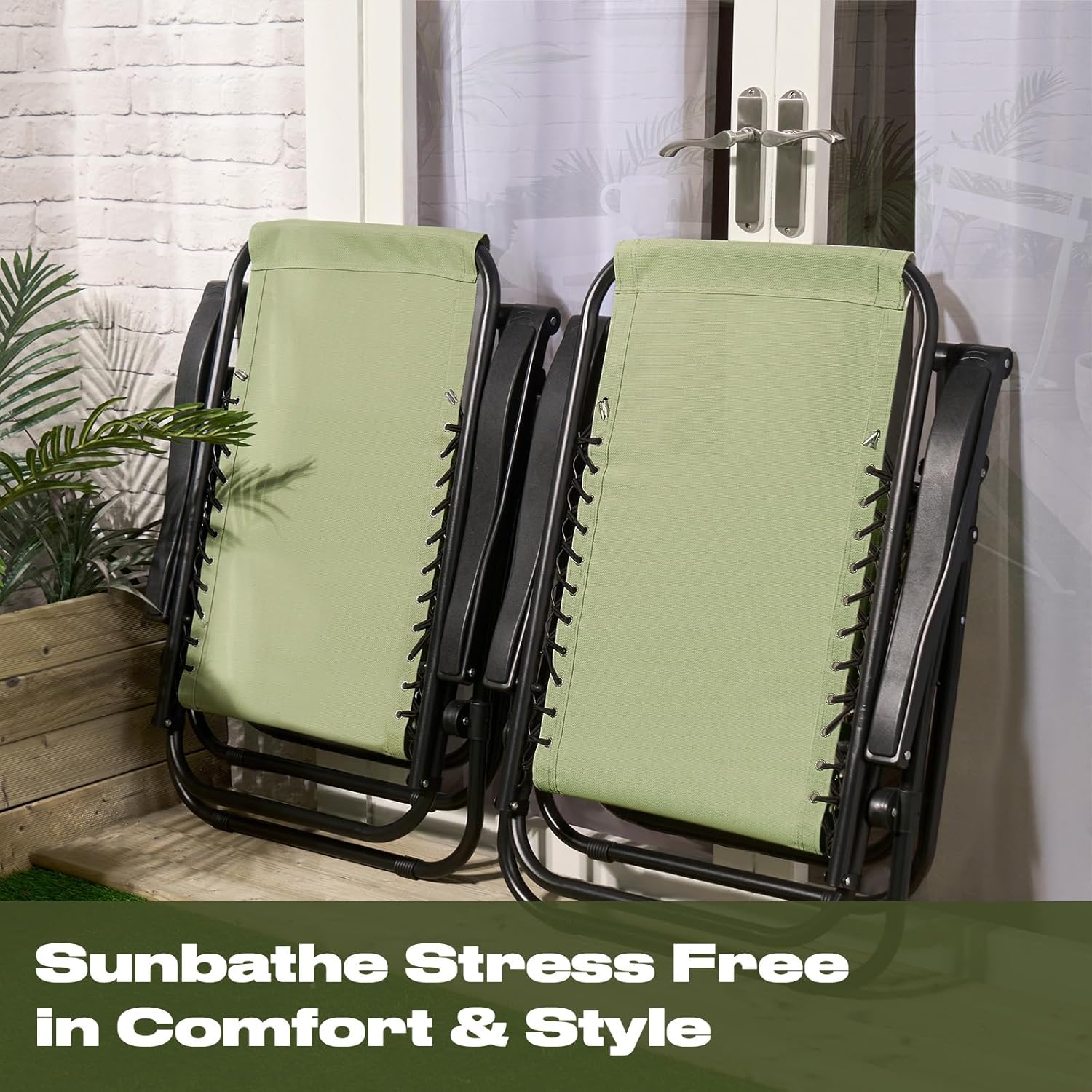 2 Zero Gravity Garden Recliner Chairs Sage Green Folding
