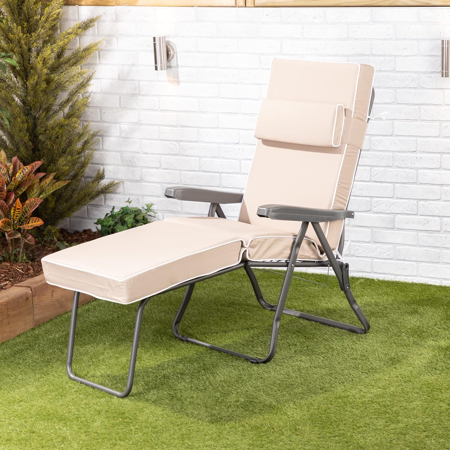Reclining Sun Lounger with Cushion 5 Position Taupe