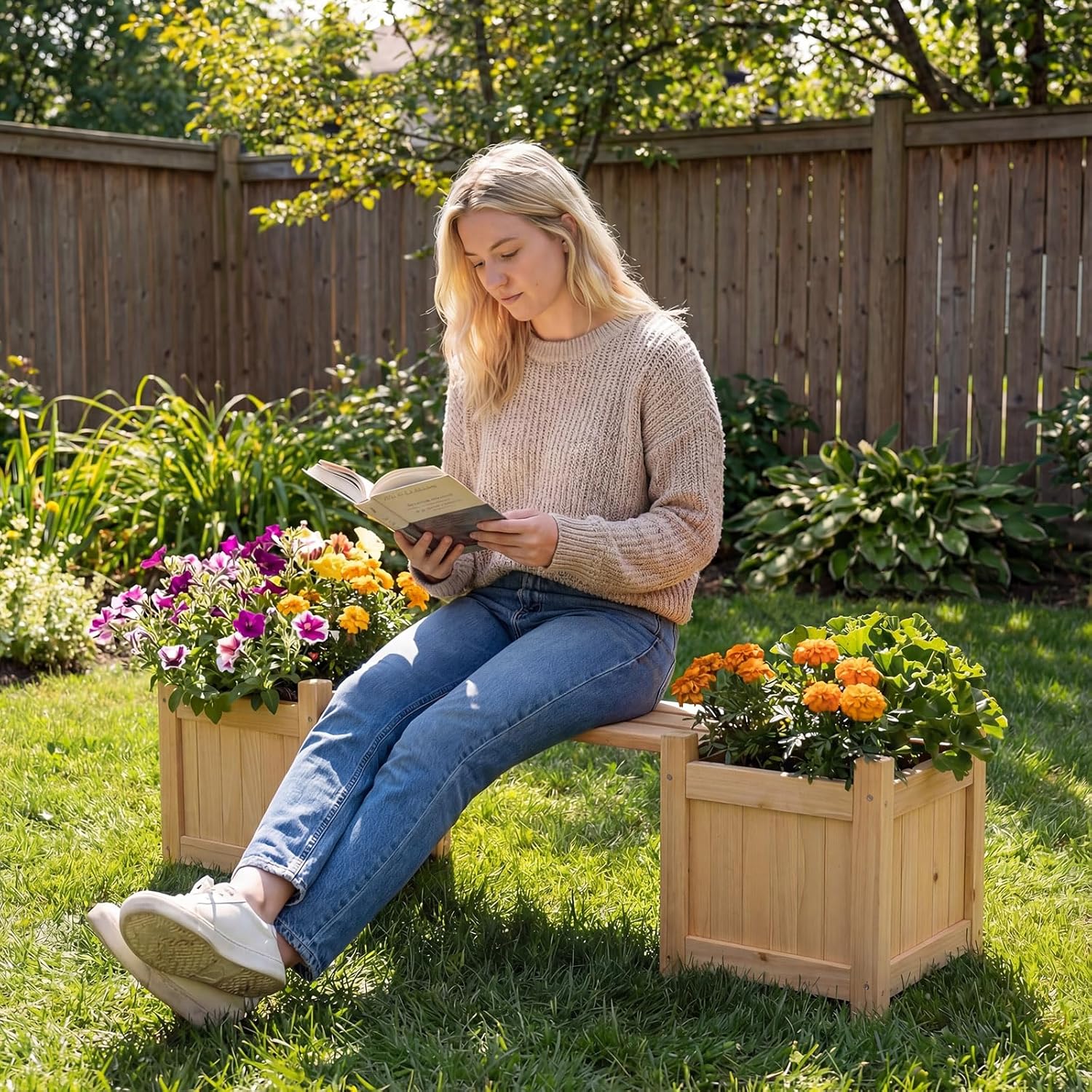 Wooden Planter Box with Bench Garden Seat Raised Bed 105cm