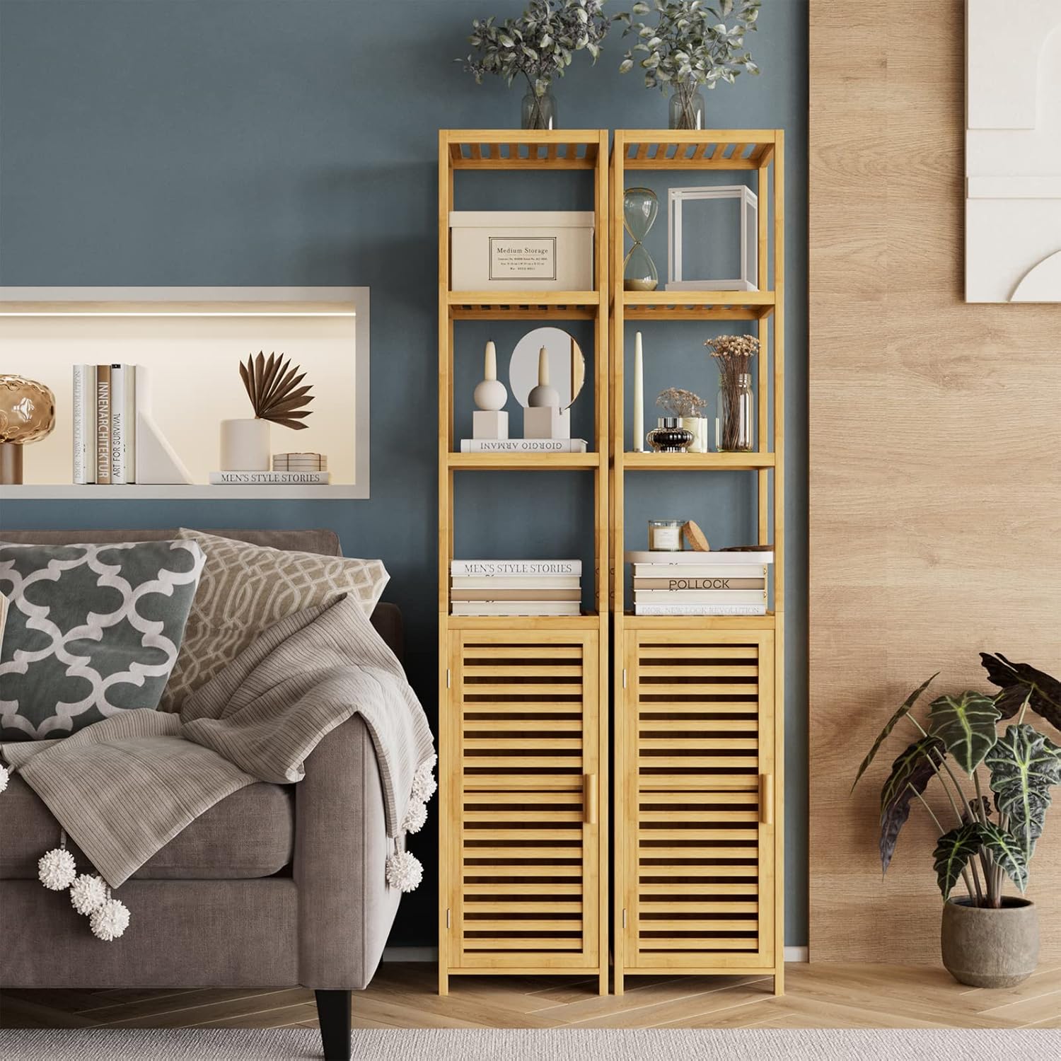 Tall Bamboo Bathroom Storage Cabinet 3 Shelves Door Natural