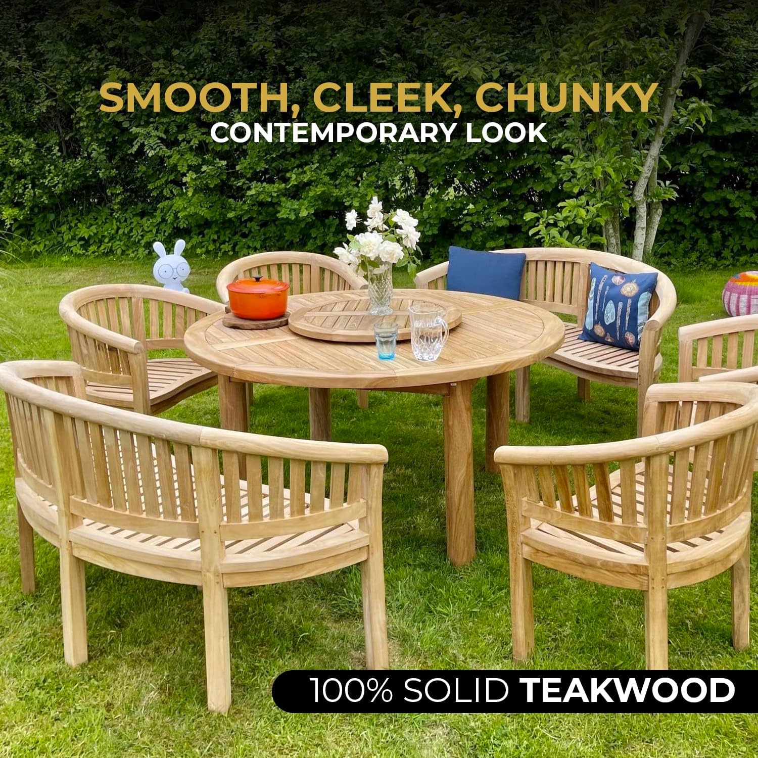 Teak Wood Banana Garden Bench w/ Cushion Curved Patio Seat 168cm Vertical
