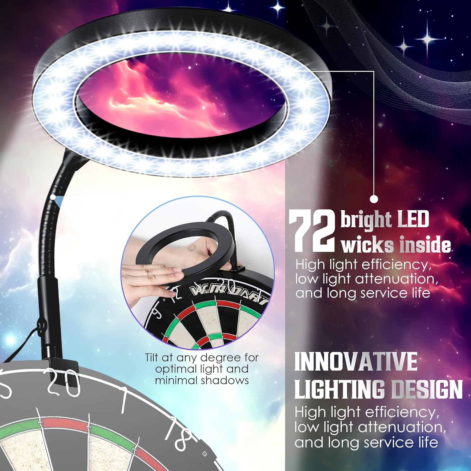 LED Dartboard Light Ring 72 LEDs Shadowless Adjustable Arm Easy Fit