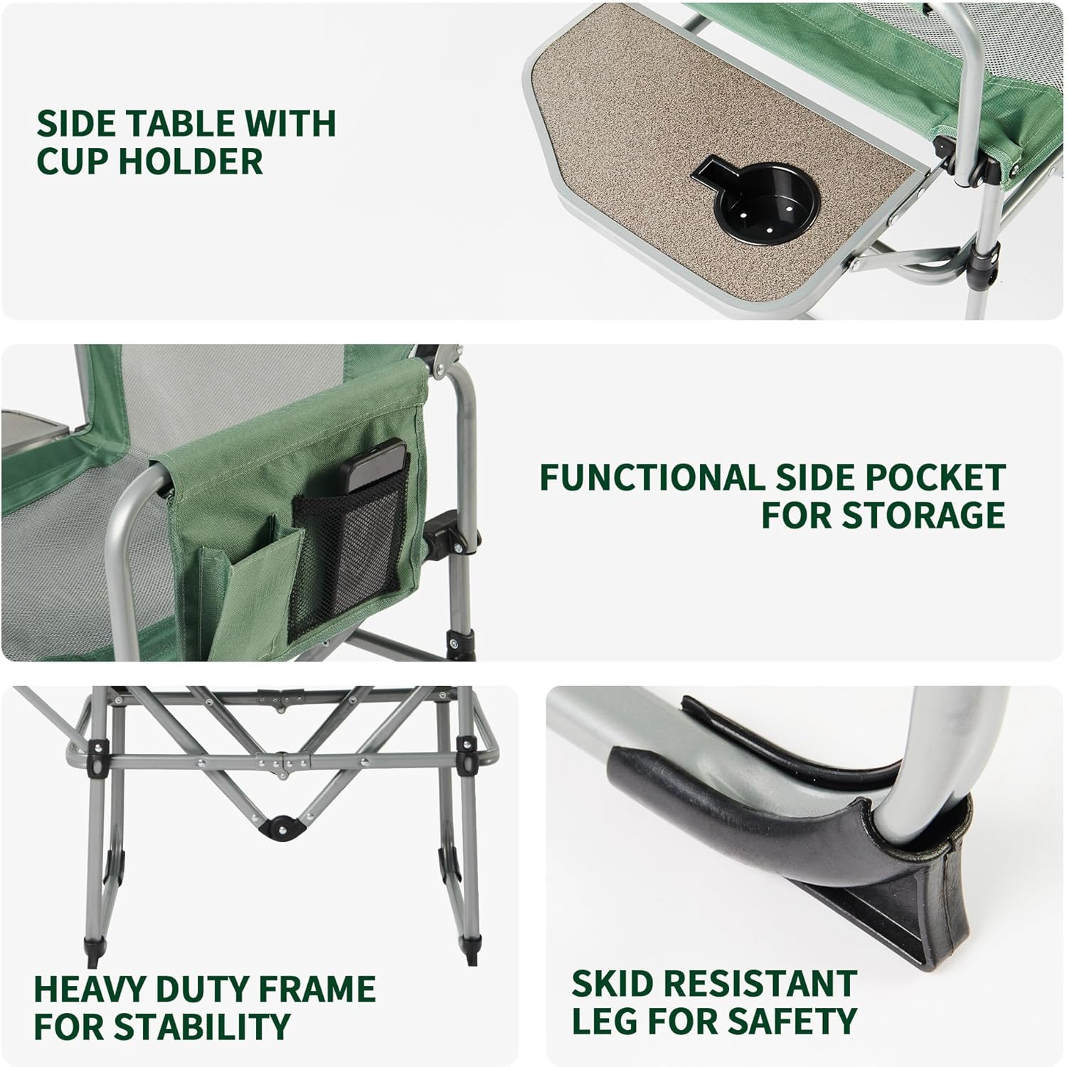 Portable Directors Chair with Side Table Cup Holder Green
