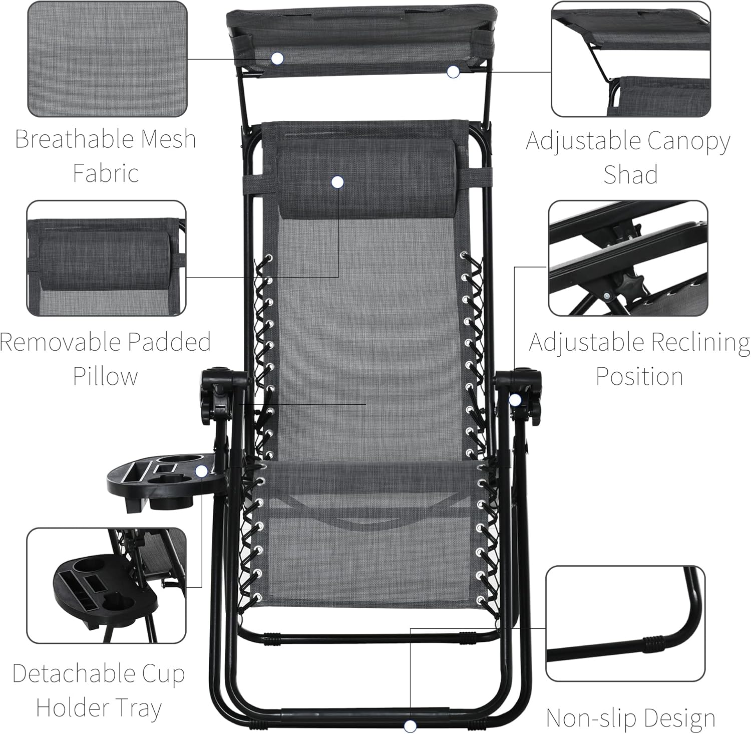 2 Foldable Zero Gravity Sun Lounger Chairs with Canopy Grey