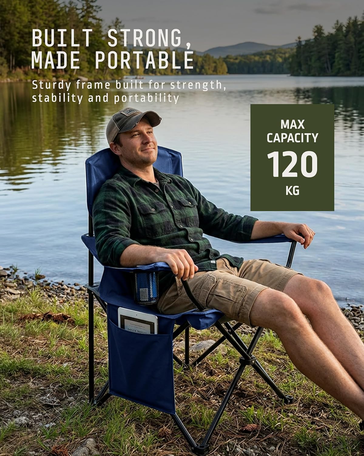 Folding Camping Chair 2 Pack Pocket Cup Holder Navy