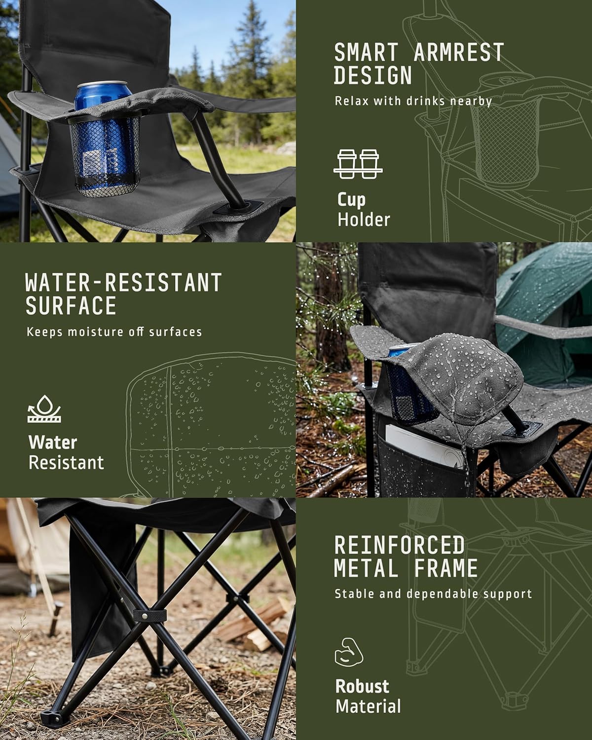 Folding Camping Chair 2 Pack Lightweight Cup Holder Black