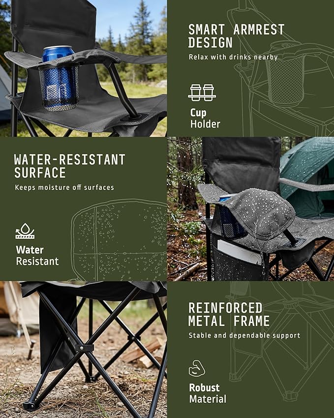 Folding Camping Chair 2 Pack Pocket Cup Holder Green