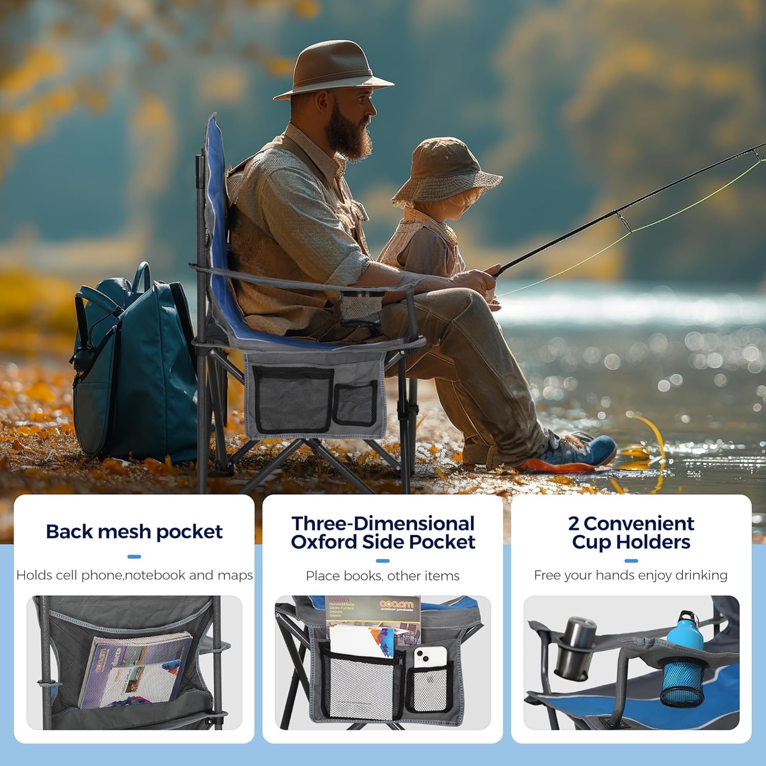 Set of 2 Oversized Folding Camping Chairs High Back 160KG Blue