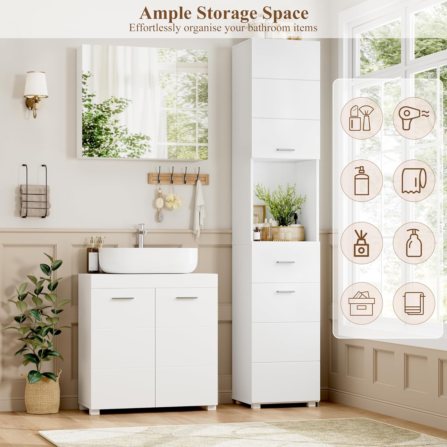Tall Bathroom Storage Cabinet 2 Doors Drawer White 180cm