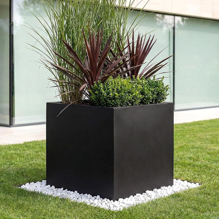 60cm Large Square Planter Black Stone Effect Tree Pot Drainage