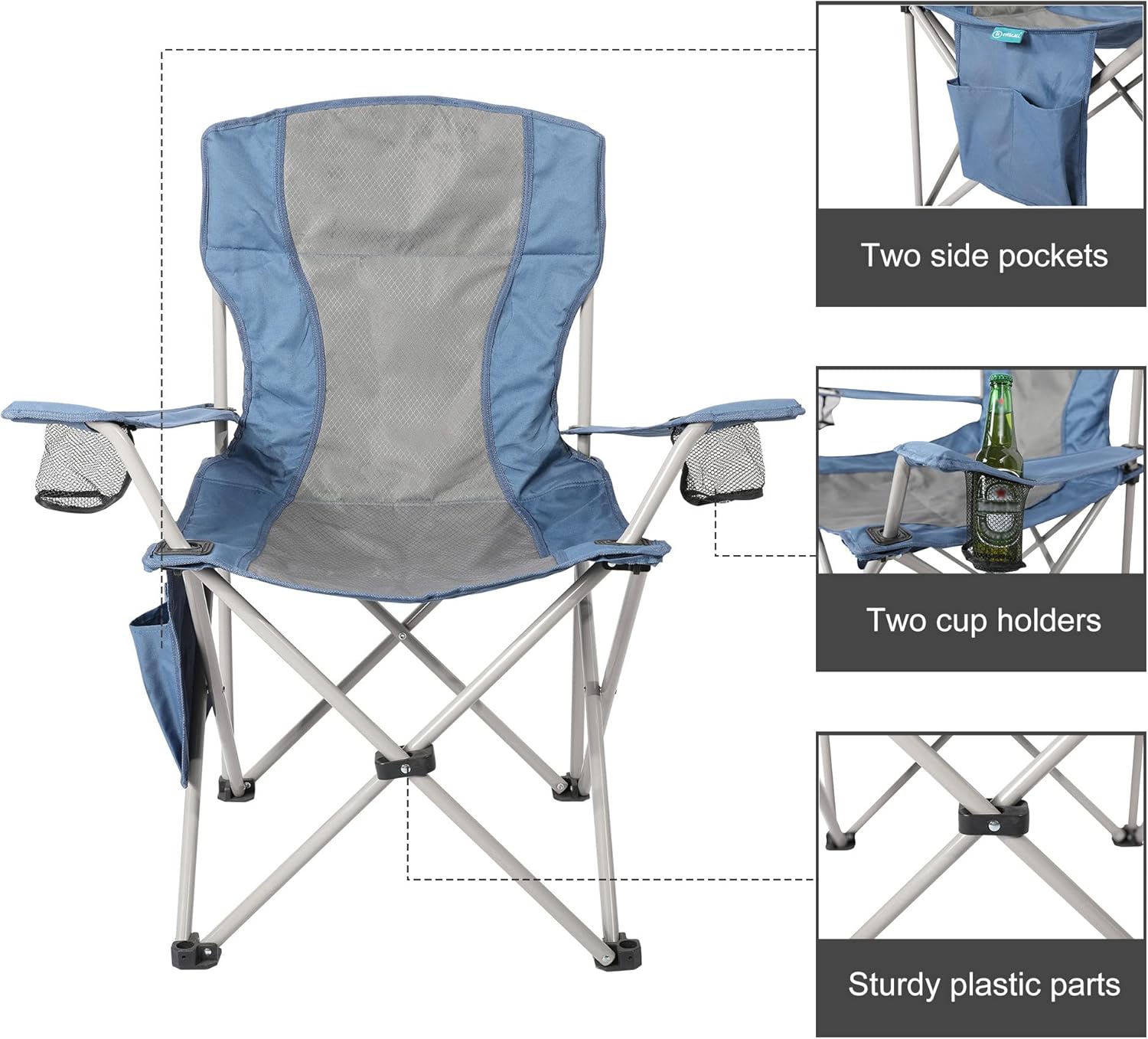 Padded Folding Camping Chair with Side Pocket Blue