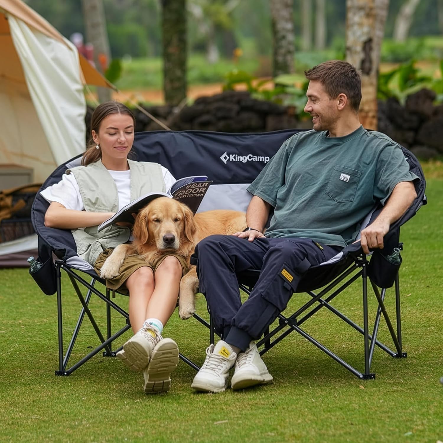XXL Double Moon Camping Chair 300KG Black Grey