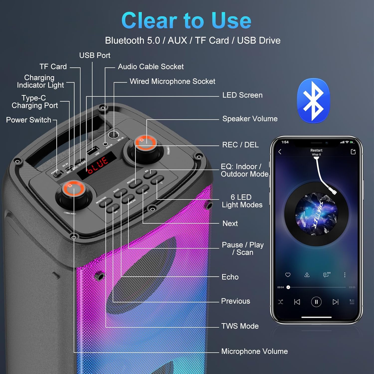 80W Portable Bluetooth Party Speaker Deep Bass LED TWS