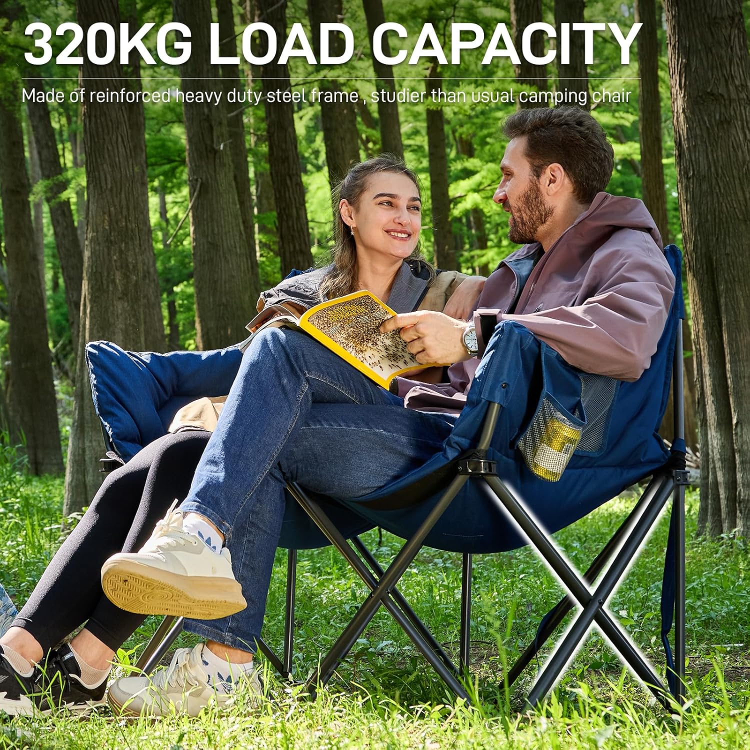 Double Folding Camping Sofa Chair 320kg Padded Blue