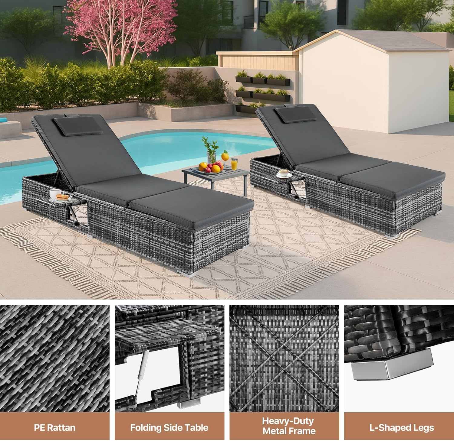 Rattan Sun Lounger Recliner with Cushions Table Patio Chair